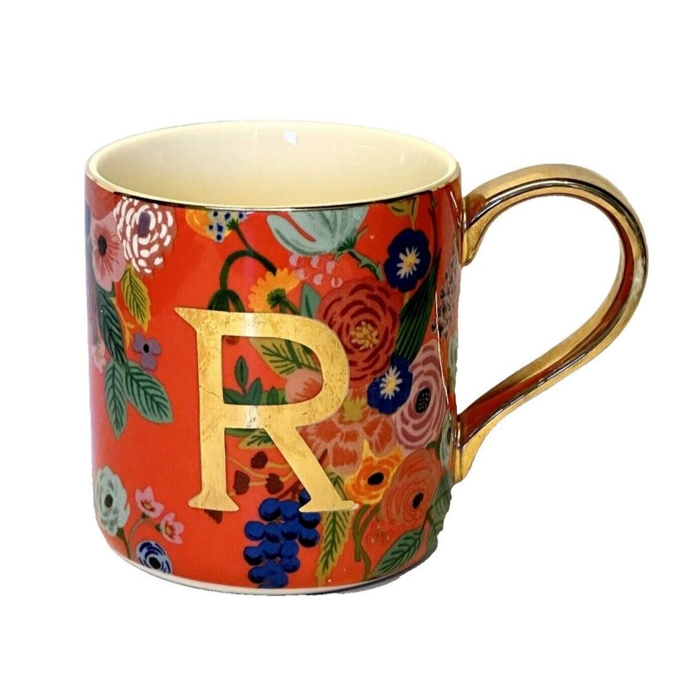 Anthropologie Rifle Paper "R" Monogram Mug Multicolor Flowers Pink Blue Green